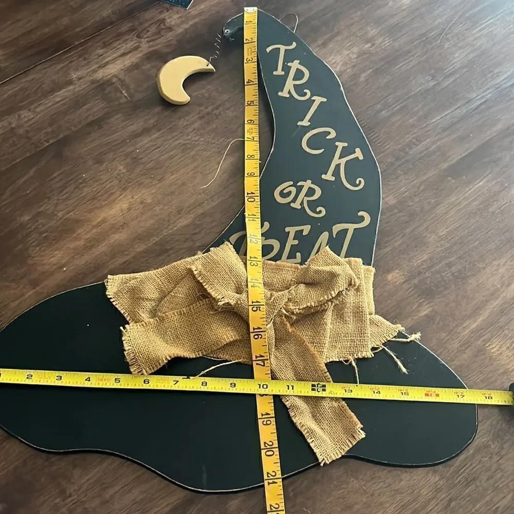 Halloween Farmhouse Black Wood Witch Hat Hanging “Trick or Treat” Decor-21”by17”